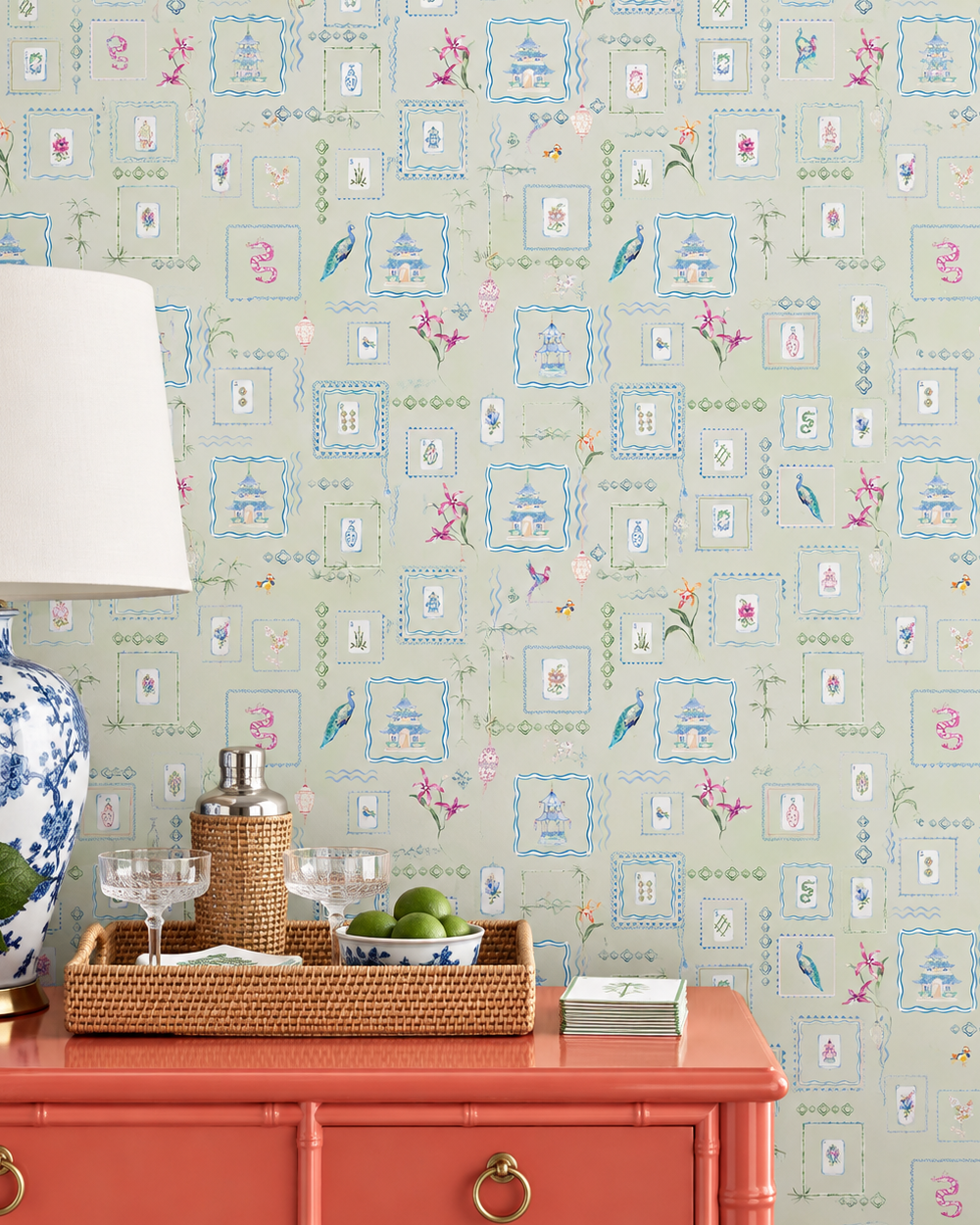 Soft green Mahjong Tiles traditional matte wallpaper featuring hand-painted pastel watercolor mahjong tiles, pagodas, bamboo, ginger jars, birds, lanterns, and floral chinoiserie details.