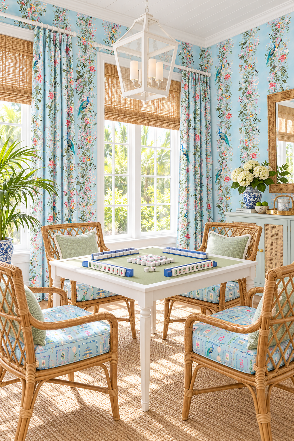 Mahjong game room in traditional house featuring Hand-painted Mahjong Garden Stripe wallpaper featuring watercolor chinoiserie florals, peacocks, birds, bamboo, and botanical stripes on a soft blue background