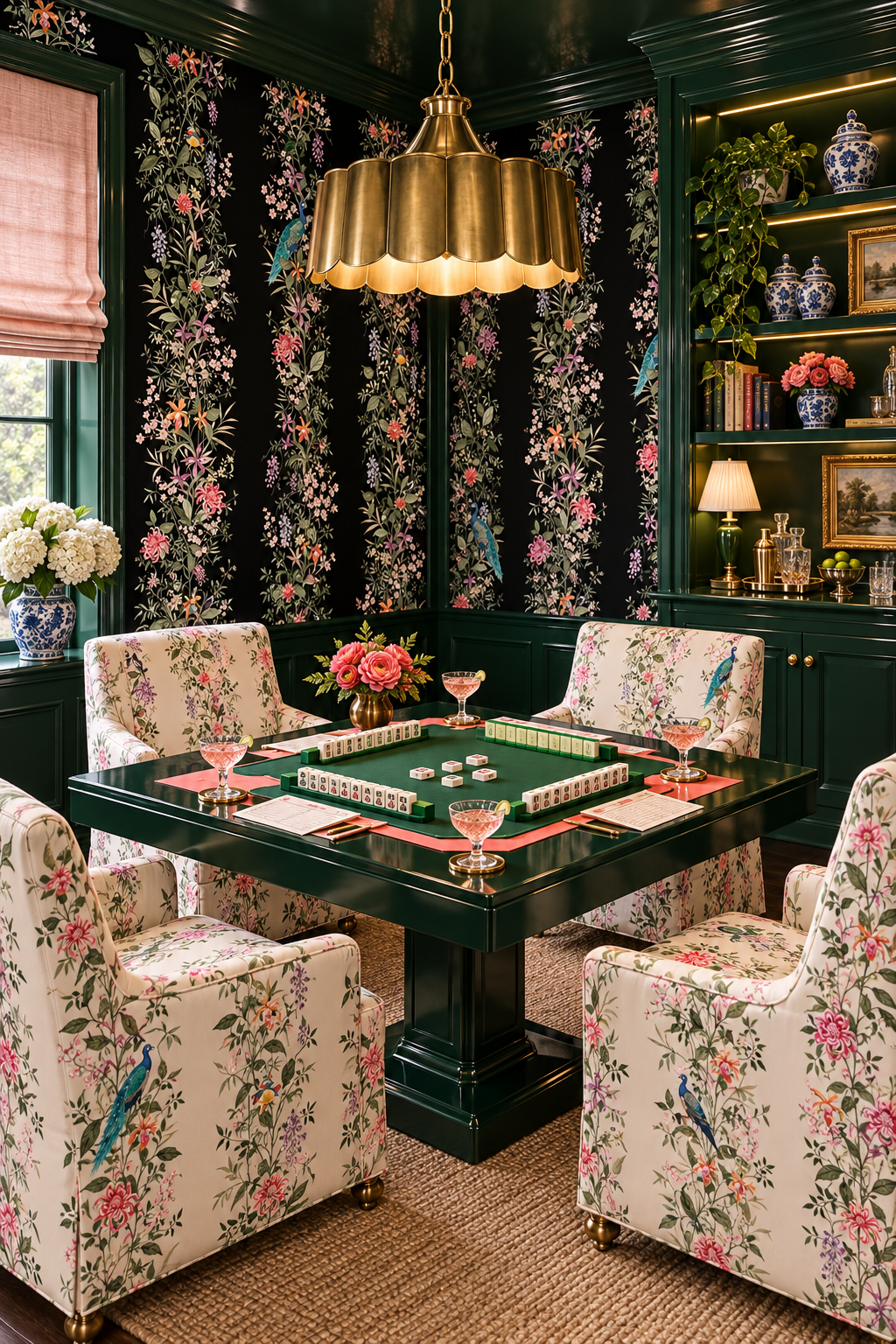 Dramatic and bold gameroom in traditional house featuring Hand-painted Mahjong Garden Stripe wallpaper featuring watercolor chinoiserie florals, peacocks, birds, bamboo, and botanical stripes on a rich black background
