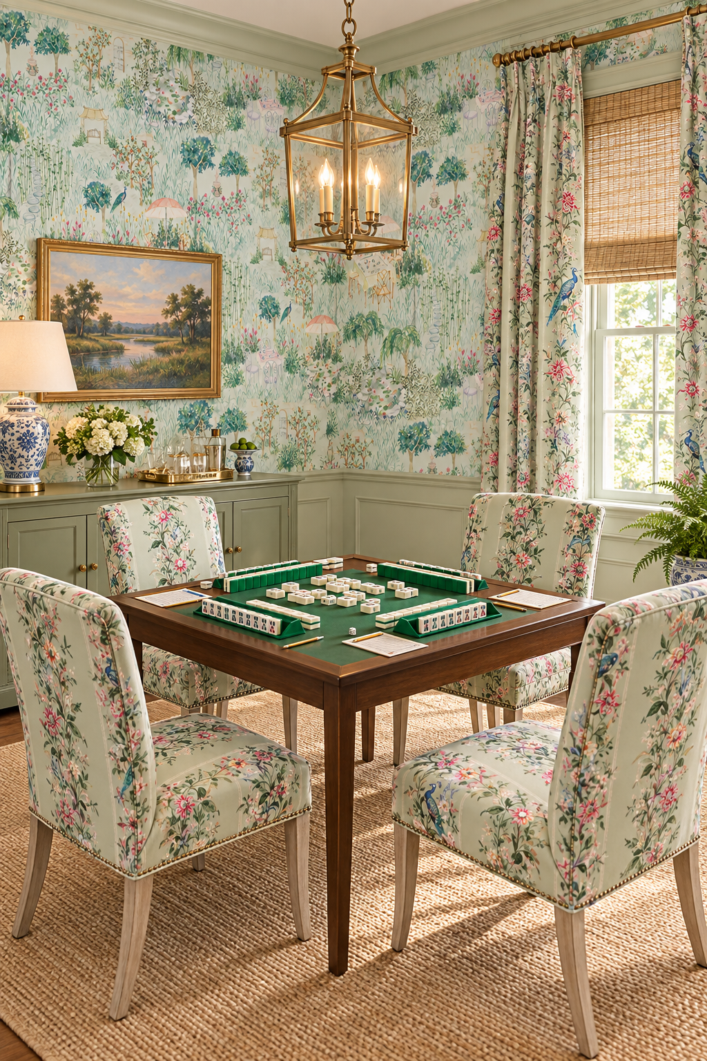 Mahjong game room in traditional house featuring garden inspired mahjong toile wallpaper; garden toile wallpaper, mahjong inspired wallpaper, chinoiserie garden wallpaper, watercolor toile wallpaper, dining room wallpaper, game room wallpaper, traditional garden wallpaper with hidden details, luxury toile wallpaper.