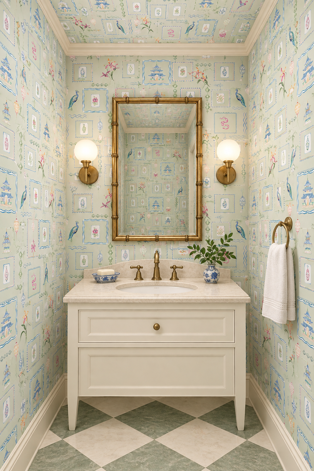 A beautifully styled bathroom featuring light blue and white patterned wallpaper with a bamboo-style gold-framed mirror, a white vanity cabinet with brass fixtures, and a green-and-white checkered floor. Washable performance vinyl Mahjong Tiles wallpaper with hand-painted chinoiserie details, perfect for powder rooms, bathrooms, game rooms, and clubs.