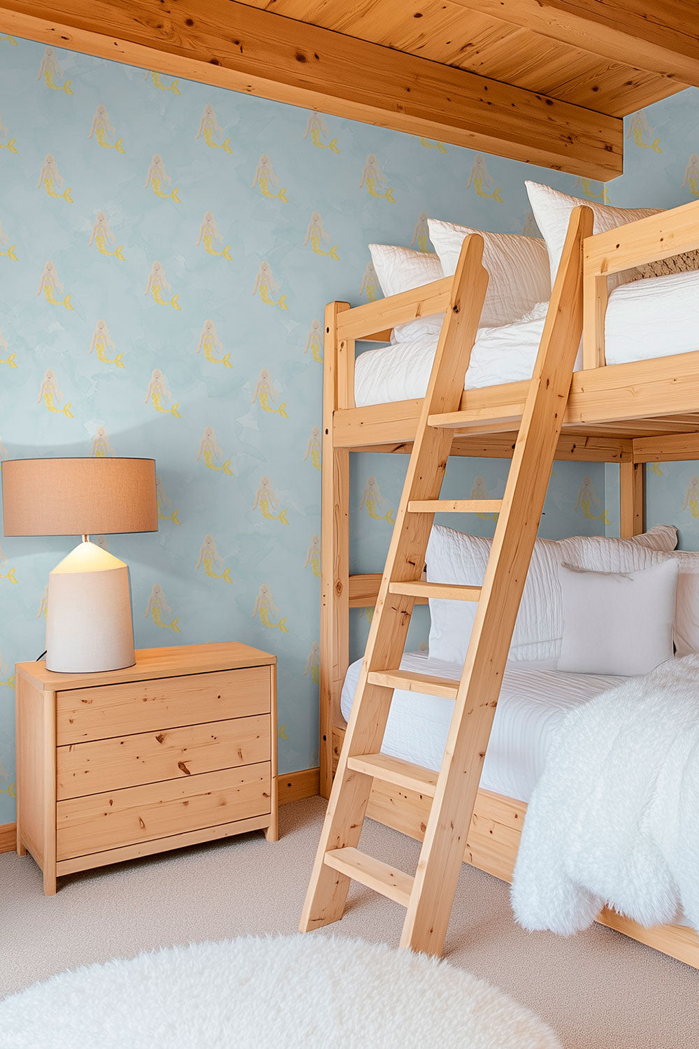 Mermaid Watercolor performance vinyl wallpaper with hand-painted mermaids and a soft ocean wash, designed for washable, high-use spaces