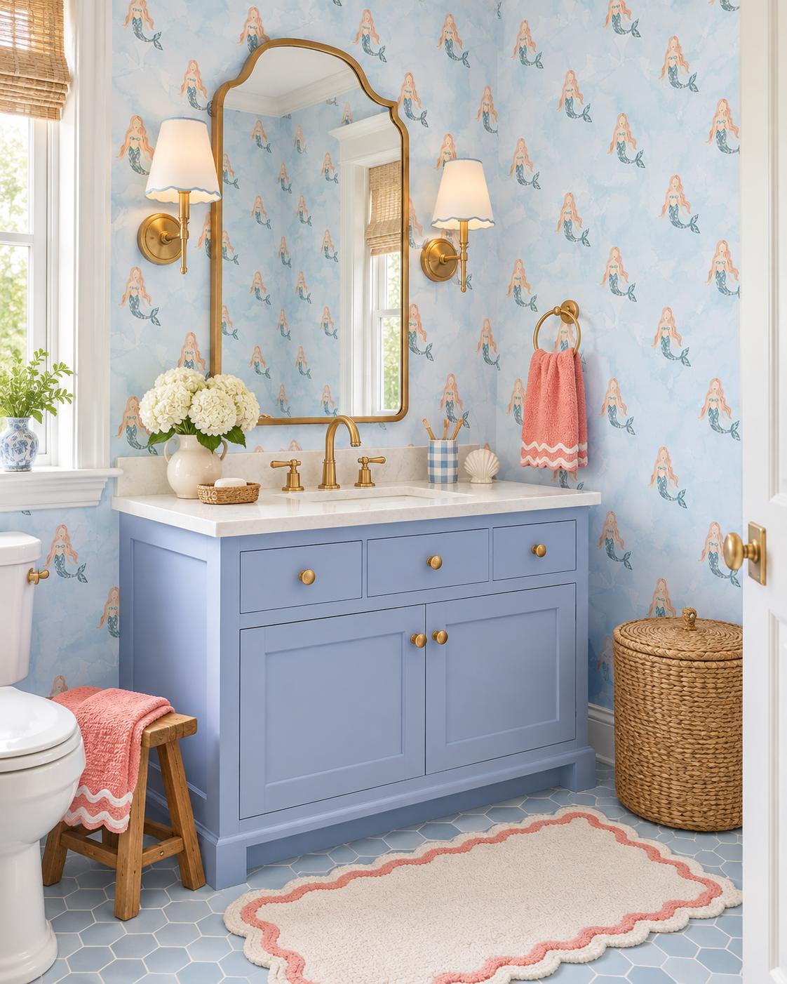 Mermaid Watercolor performance vinyl wallpaper with hand-painted mermaids and a soft ocean wash, designed for washable, high-use spaces