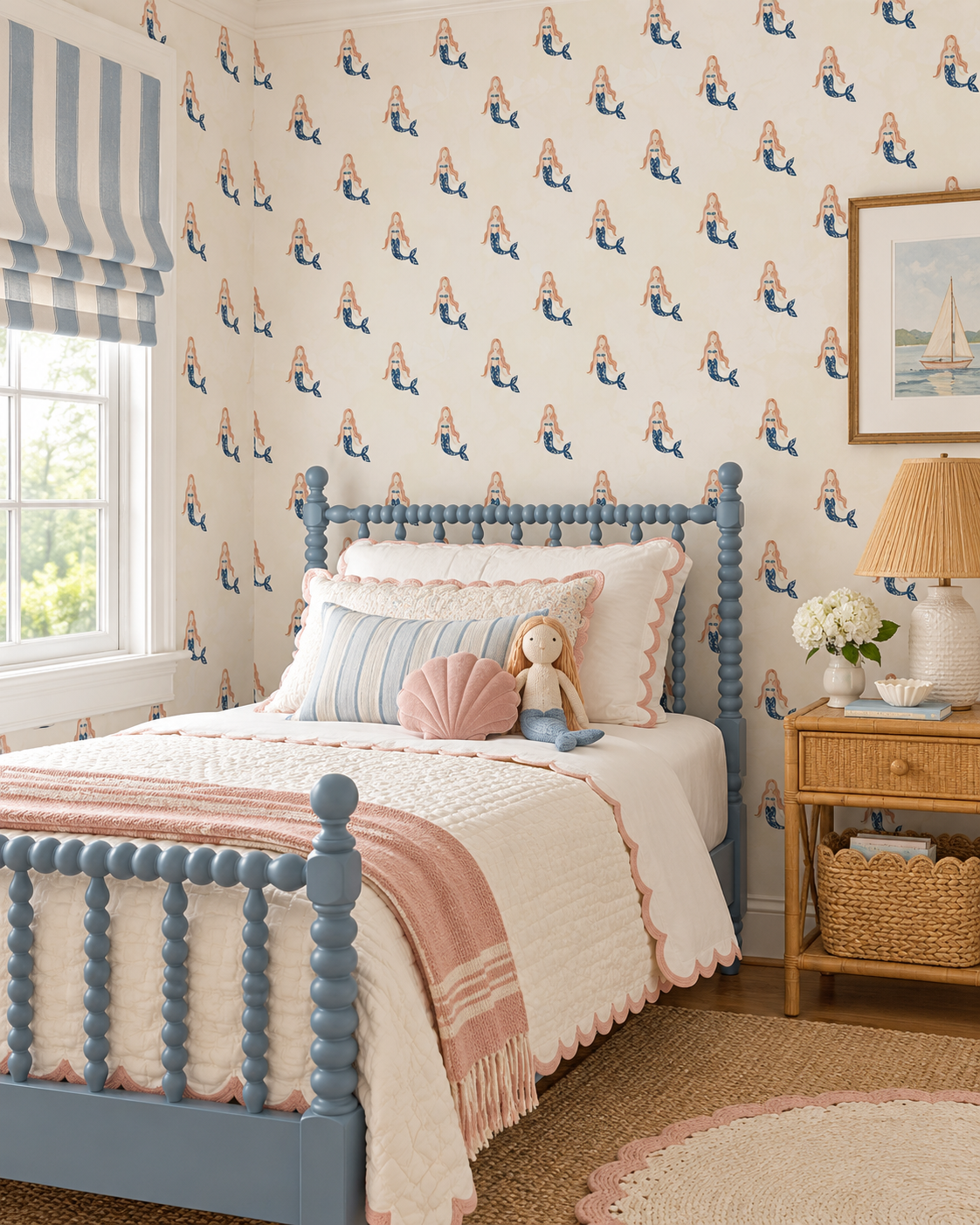 Mermaid Watercolor performance vinyl wallpaper with hand-painted mermaids and a soft ocean wash, designed for washable, high-use spaces