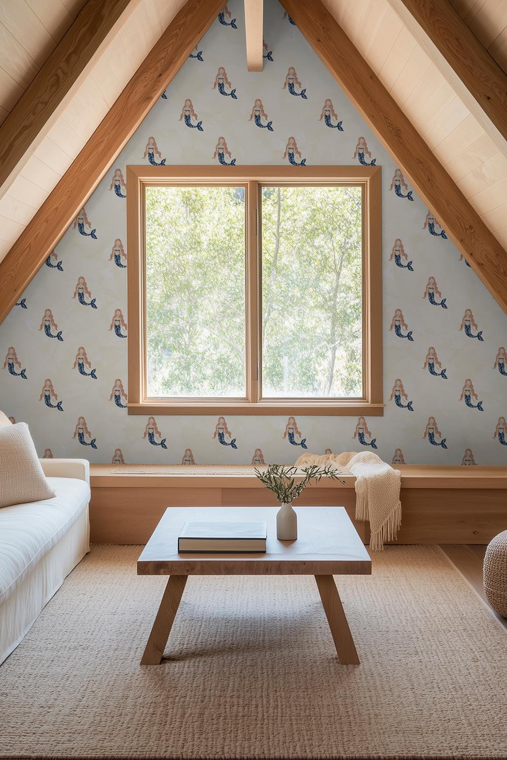 Mermaid Watercolor performance vinyl wallpaper with hand-painted mermaids and a soft ocean wash, designed for washable, high-use spaces