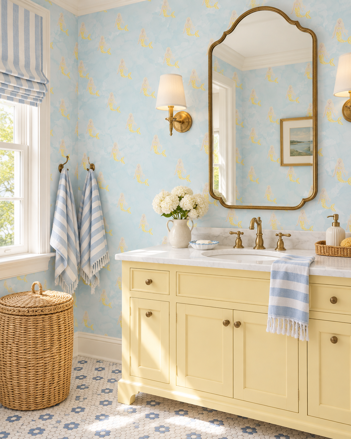 Mermaid Watercolor performance vinyl wallpaper with hand-painted mermaids and a soft ocean wash, designed for washable, high-use spaces