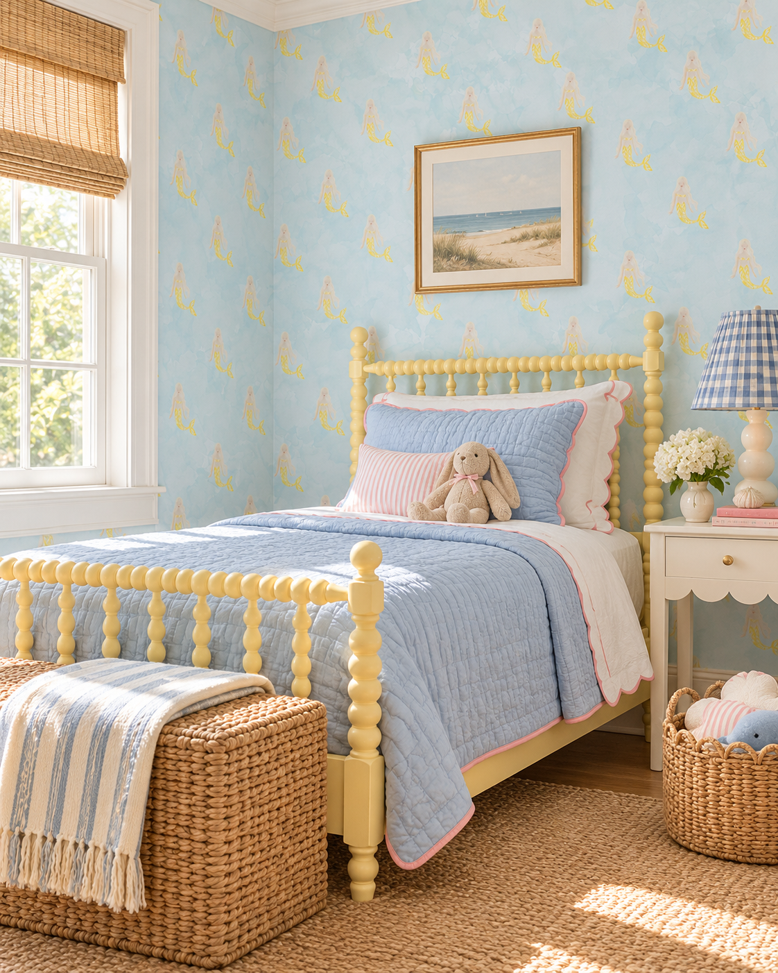 Mermaid Watercolor performance vinyl wallpaper with hand-painted mermaids and a soft ocean wash, designed for washable, high-use spaces