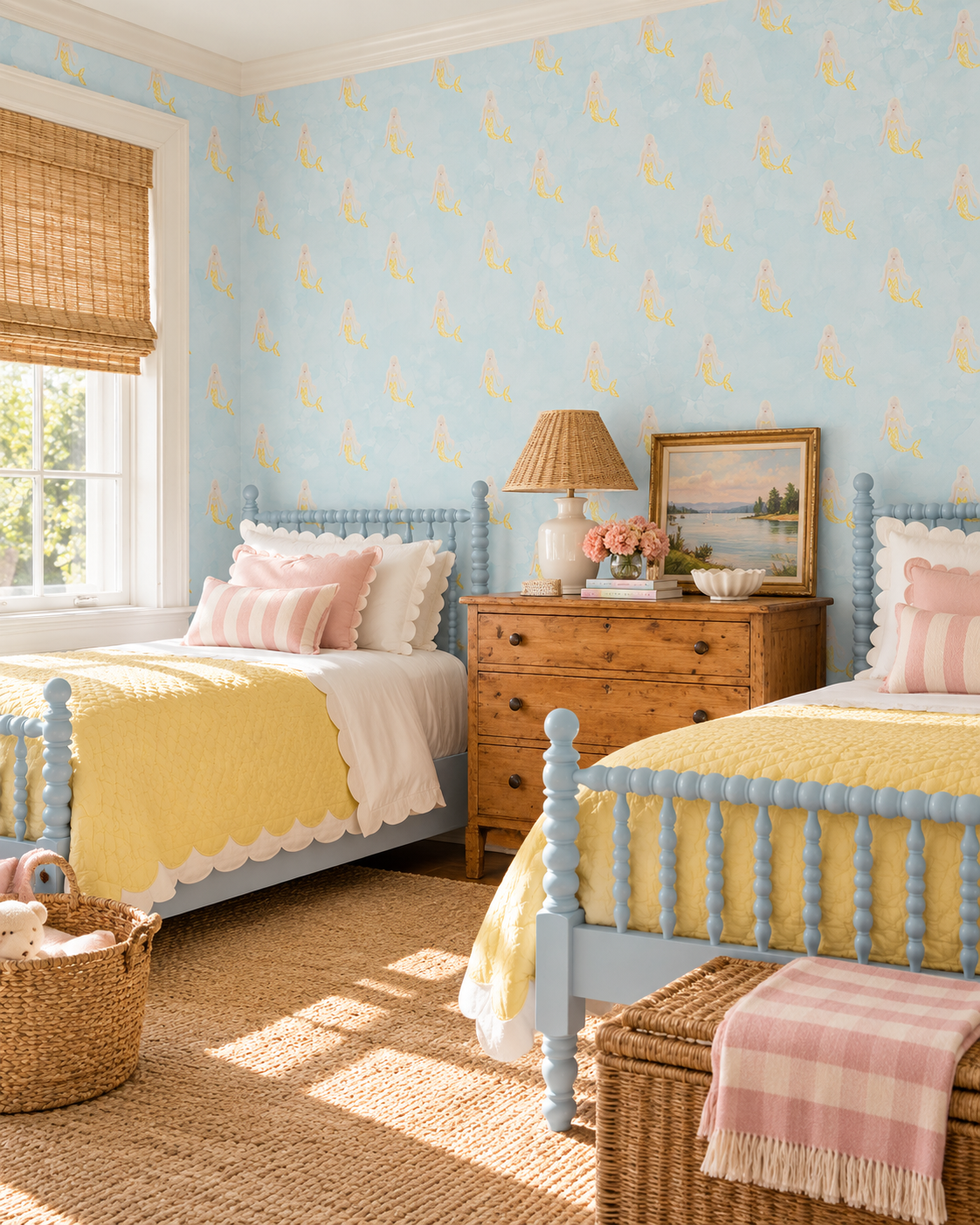 Mermaid Watercolor performance vinyl wallpaper with hand-painted mermaids and a soft ocean wash, designed for washable, high-use spaces