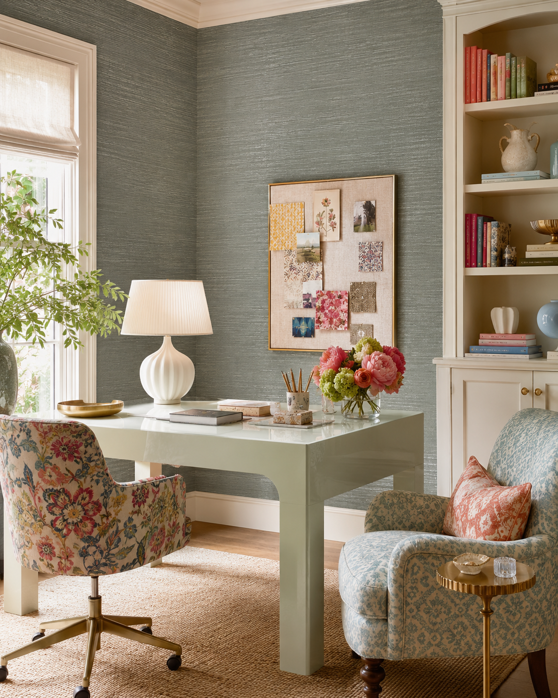 Moss Green Grasscloth Wallpaper with Gold Metallic Flecks featured in this high end home office