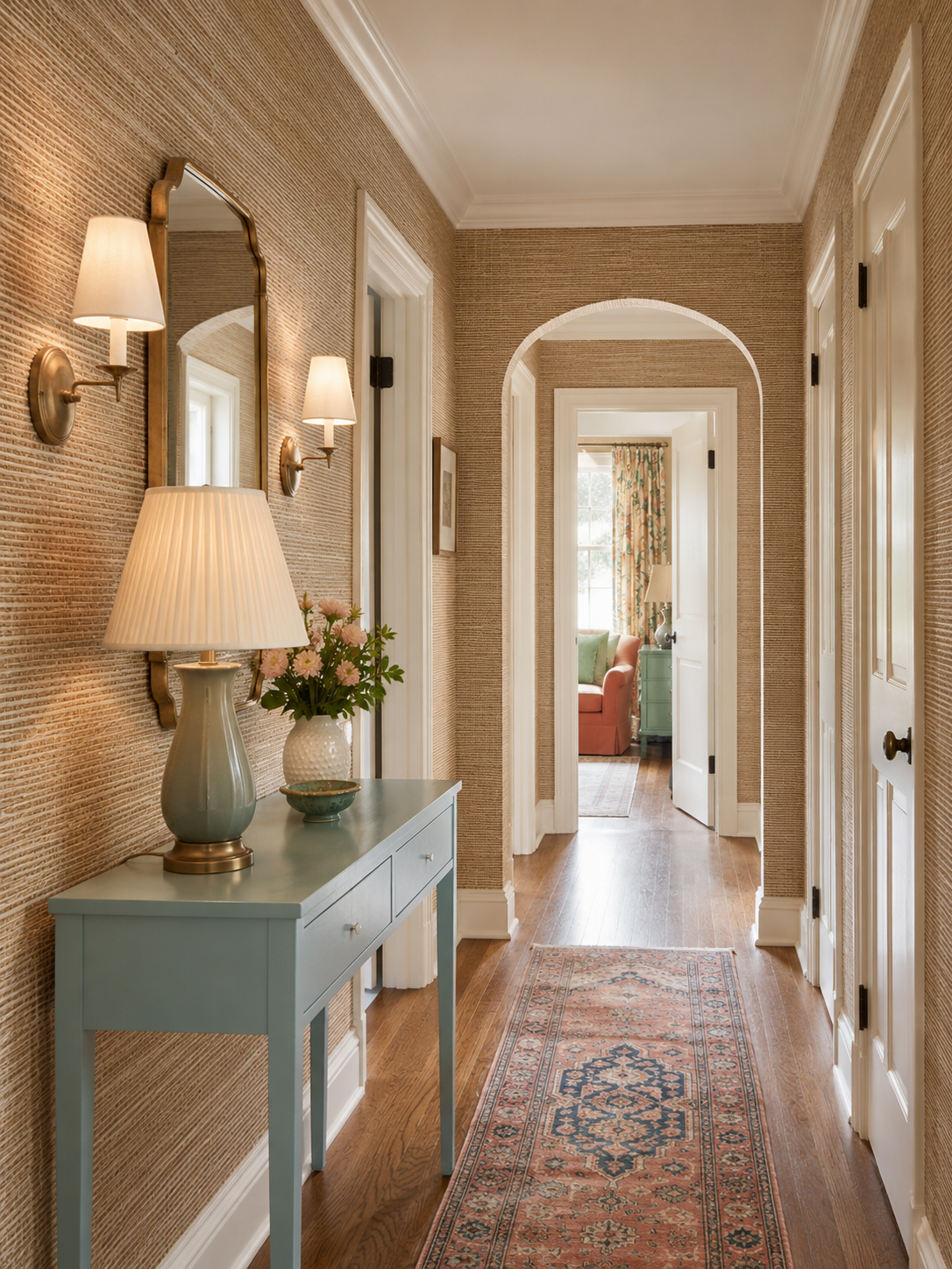 Natural Tan Woven Grasscloth Wallpaper featured in this traditional home formal entryway