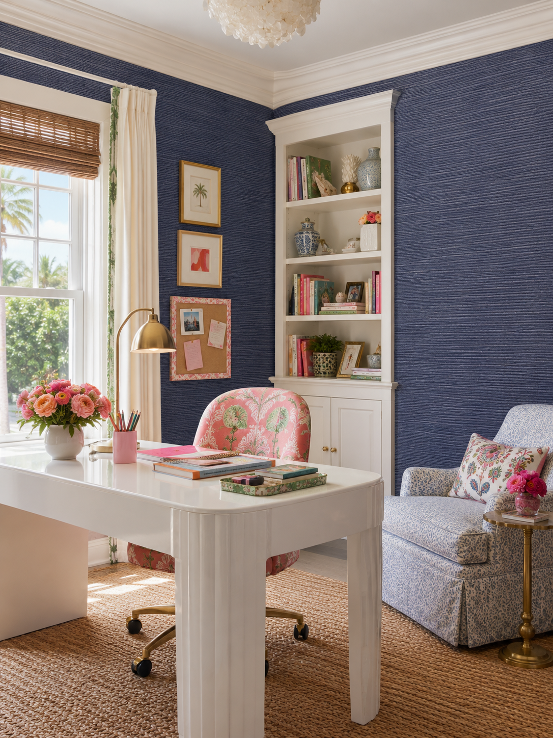 Natural Dyed Solid Grasscloth Wallpaper in navy Blue Indigo in a modern and chic home office