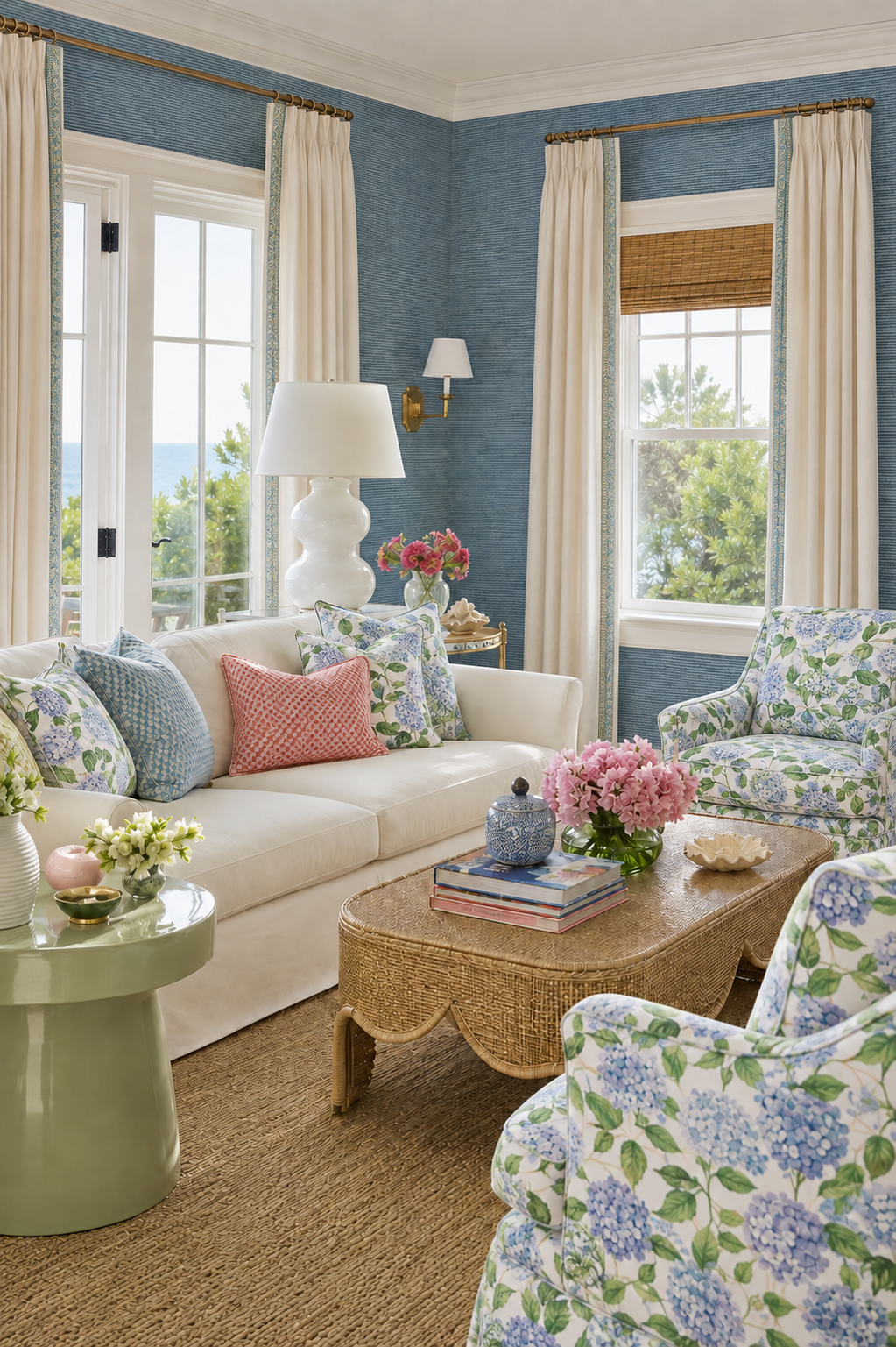 Natural Dyed Solid Grasscloth Wallpaper Blue Ocean Mist featured in a coastal living room