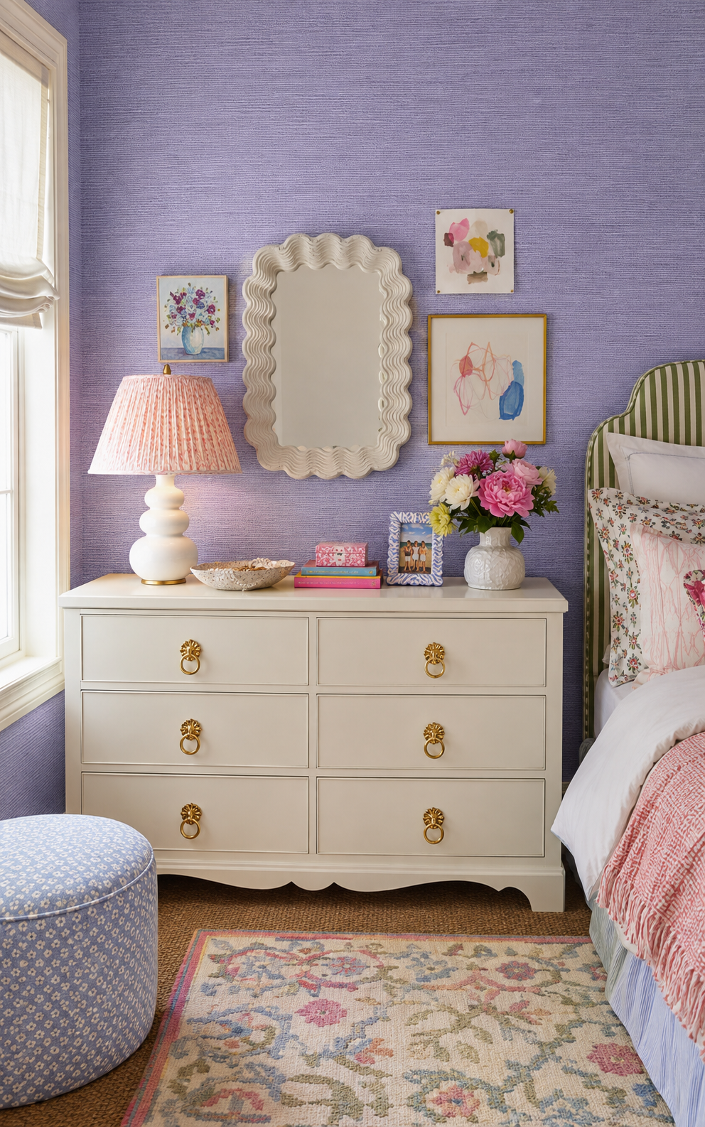Natural Dyed Solid Grasscloth Wallpaper in Purple Lilac featured in an adolescent girl's bedroom.