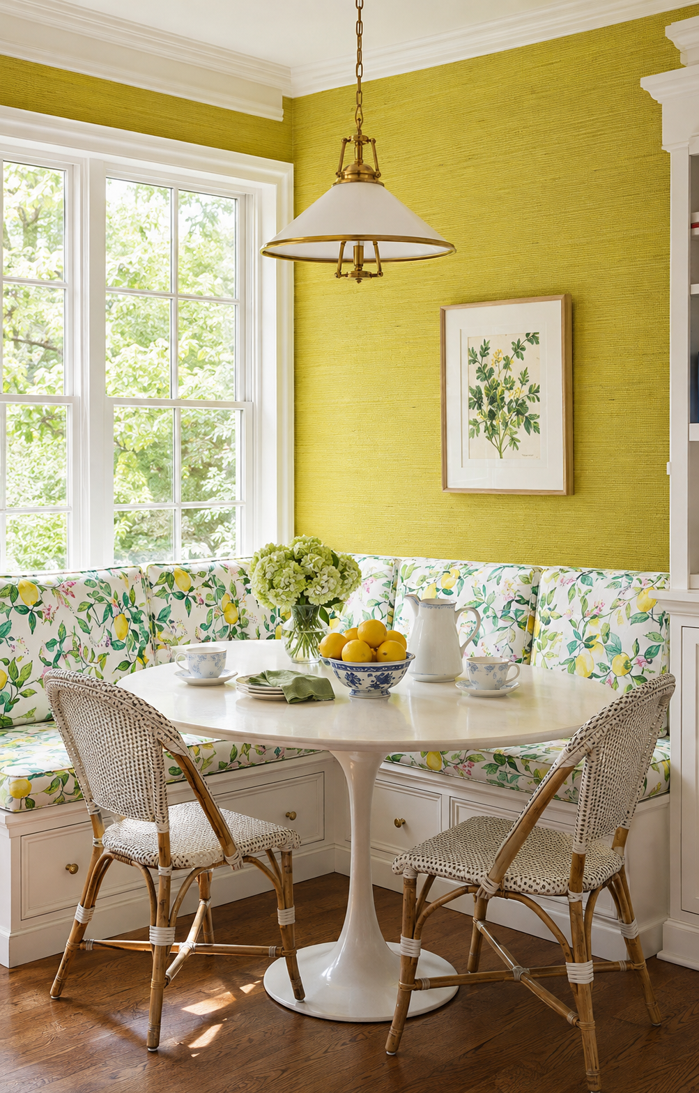 Bright yellow woven sisal grasscloth wallpaper texture dyed installed in a traditional breakfast nook with bench seating featuring our House Party Limoncello print