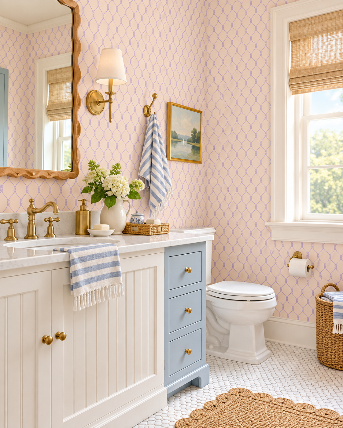 A styled bathroom interior featuring light pink patterned wallpaper, a white vanity with light blue drawer panels and brass hardware, a white toilet, a window with a beige woven blind, and natural woven rug accents. Featuring a geometric nautical rope wallpaper design.