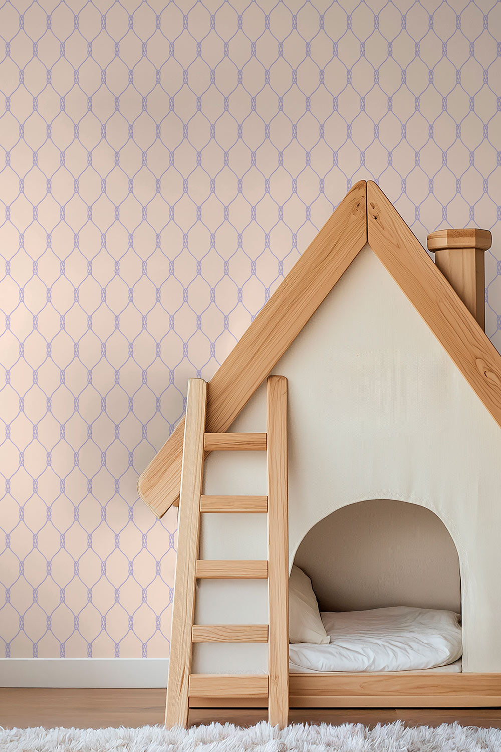 Performance vinyl wallpaper featuring a clean repeating rope-knot geometric pattern on a textured, washable surface in light pink and purple perfect for high traffic kid's rooms and baby nurseries