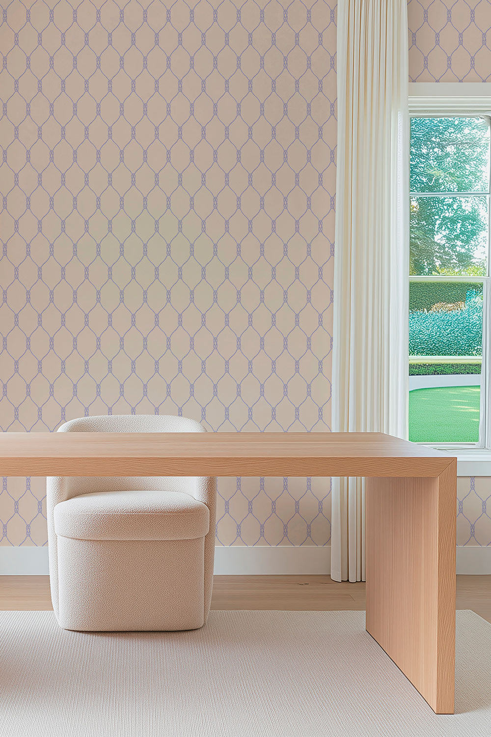 Matte wallpaper featuring a repeating twisted rope-knot geometric pattern on a smooth traditional paper surface on neutral pink perfect for luxury home offices