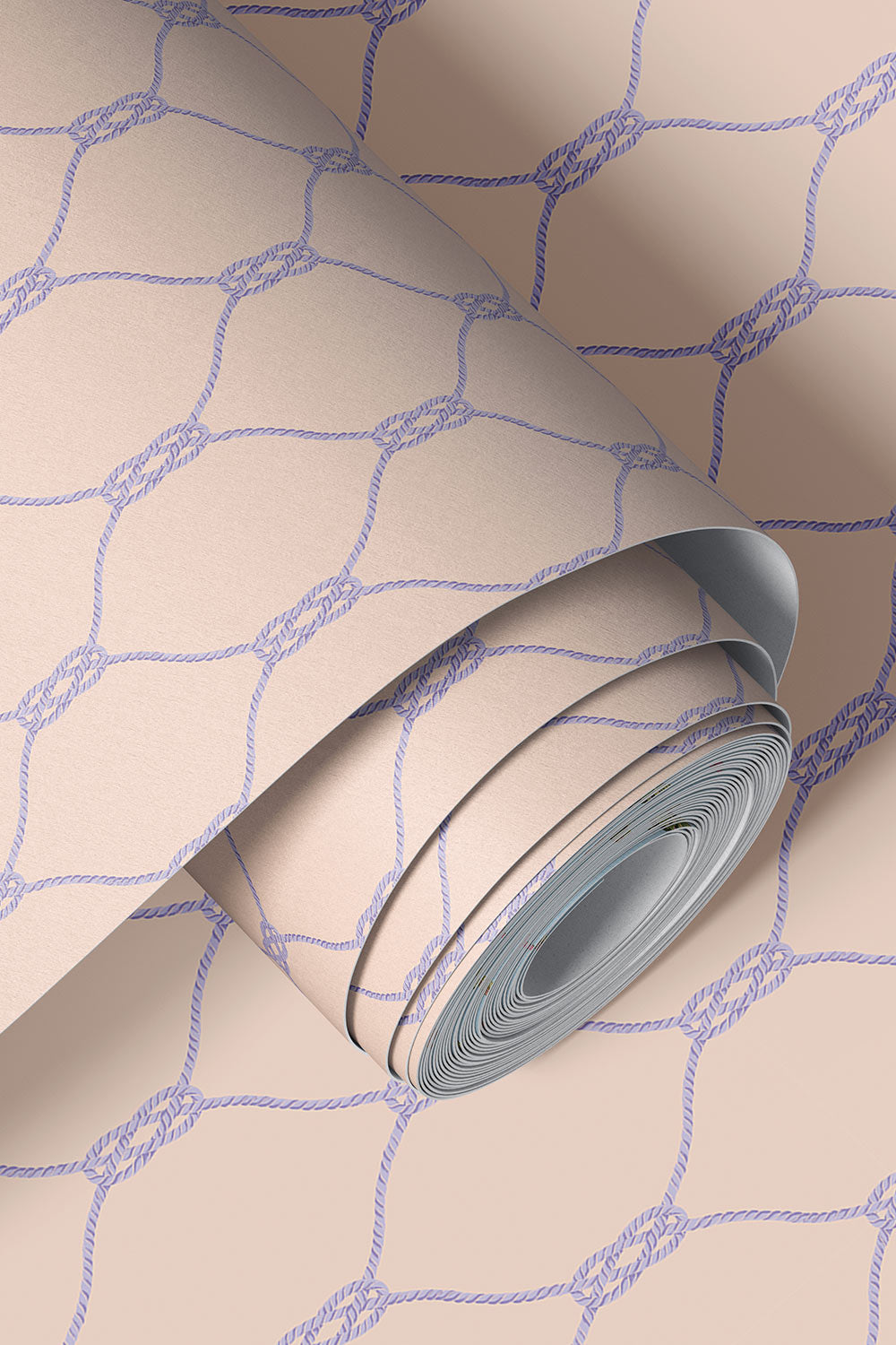 nautical knots vinyl wallpaper, washable wallpaper, commercial grade coastal wallpaper, rope geometric wallpaper, moisture resistant wallpaper, durable nautical wallcovering, sailor knot wallpaper, beach house wallpaper in light pink and purple wall covering