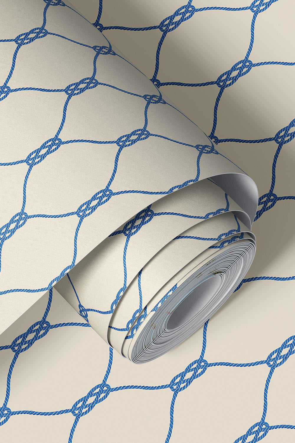 nautical knots vinyl wallpaper, washable wallpaper, commercial grade coastal wallpaper, rope geometric wallpaper, moisture resistant wallpaper, durable nautical wallcovering, sailor knot wallpaper, beach house wallpaper in classic nautical navy and white wall covering