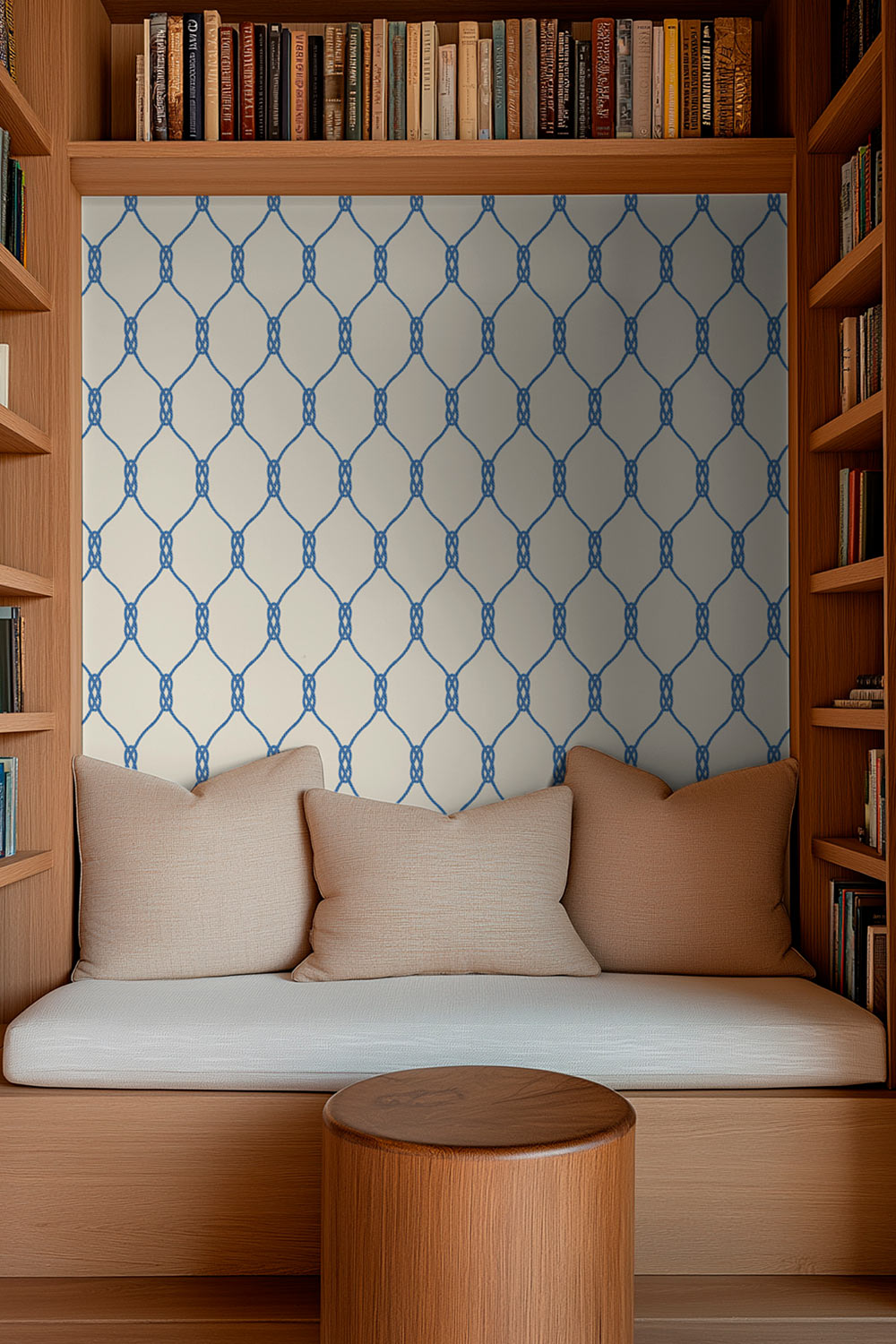 Matte wallpaper featuring a repeating twisted rope-knot geometric pattern on a smooth traditional paper surface on classic blue and white perfect for cozy lake house reading nooks