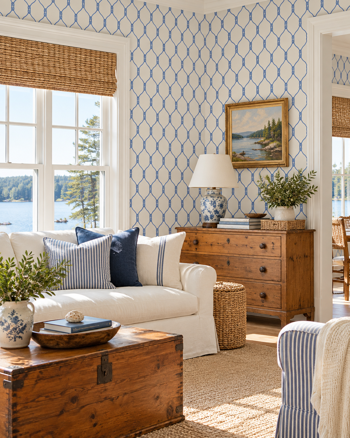 A bright, sunlit living room featuring blue and white patterned wallpaper, a white slipcovered sofa with blue and white pillows, a rustic wooden chest, and a window overlooking water. Featuring a geometric nautical rope wallpaper design.