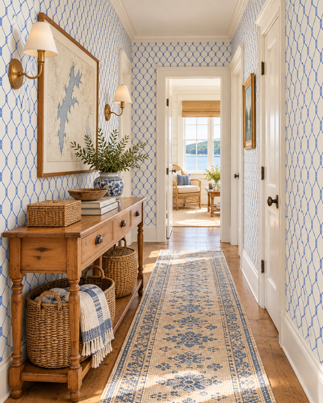 A beautifully styled hallway with blue and white patterned wallpaper, a wooden console table with woven baskets, wall sconces, and a long floral runner rug leading toward an open doorway. Featuring a geometric nautical rope wallpaper design.
