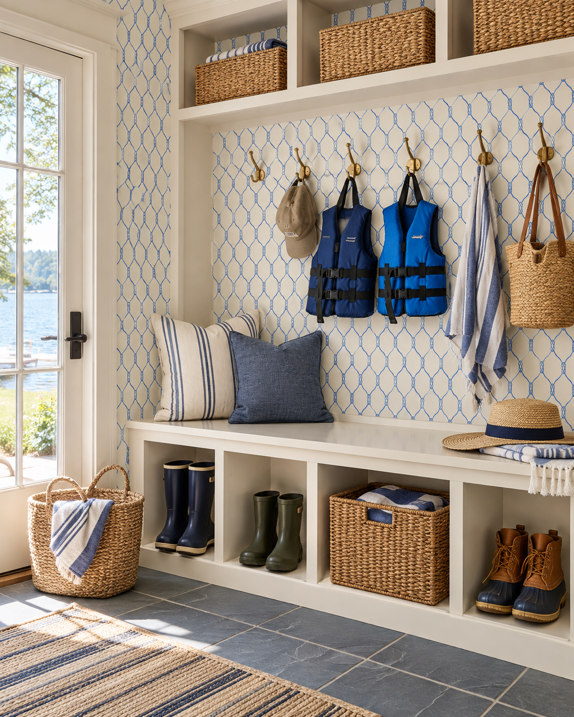 A styled entryway mudroom featuring a built-in bench with open cubbies, blue and navy life vests hanging on wall hooks, woven baskets, pillows, boots, and a striped towel, set against a blue geometric wallpaper. Featuring a geometric nautical rope wallpaper design.