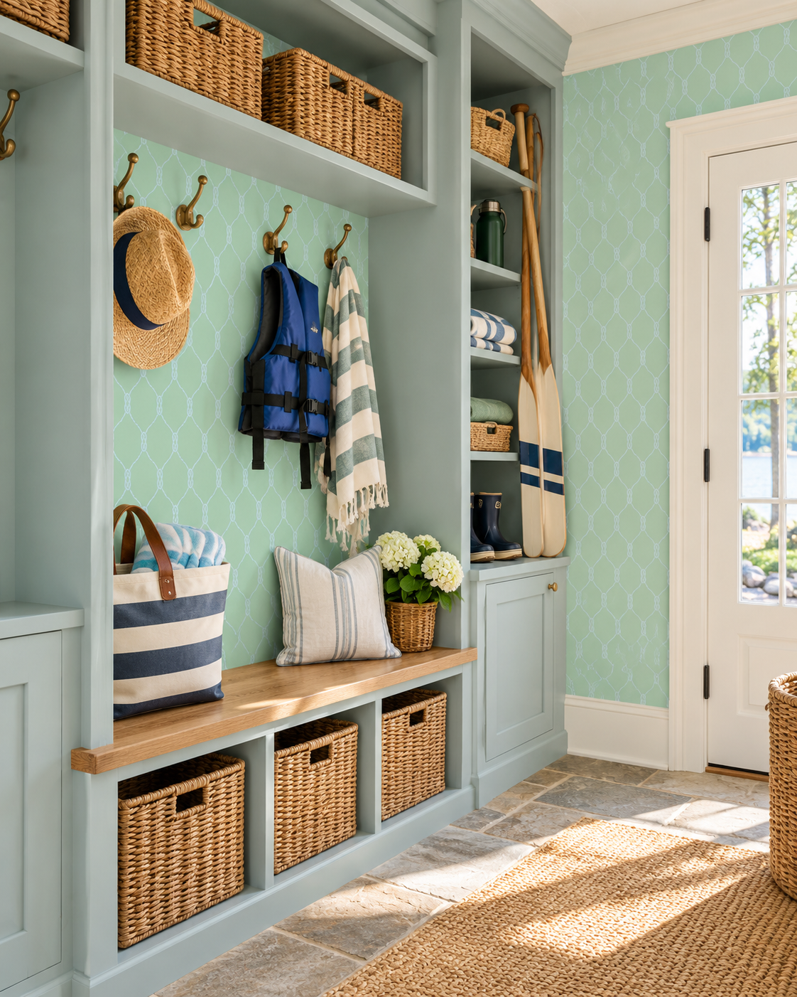 A styled entryway or mudroom featuring a light blue painted built-in bench with woven storage baskets, brass hooks with a straw hat and blue life vest, striped towels, a navy-and-white tote bag, and a striped pillow against mint green patterned wallpaper. Featuring a geometric nautical rope wallpaper design.