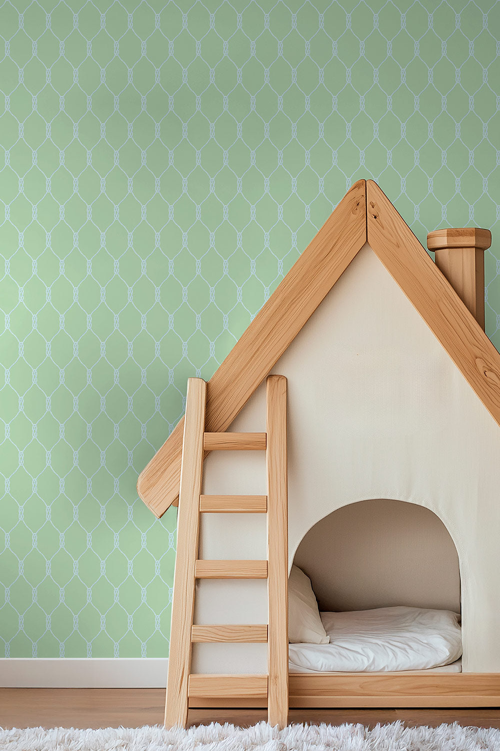 Matte wallpaper featuring a repeating twisted rope-knot geometric pattern on a smooth traditional paper surface on coastal inspired green and blue perfect for kid's playrooms and bedrooms