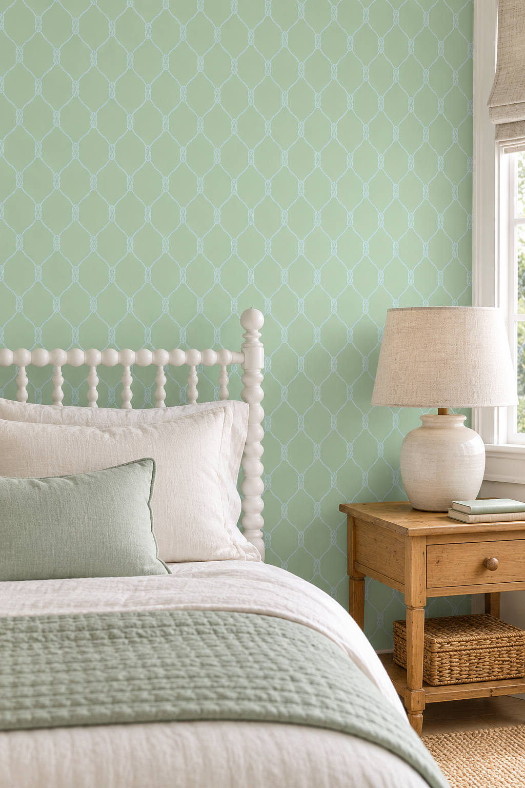 a bright coastal guest bedroom with mint green patterned wallpaper, featuring a geometric nautical rope wallpaper design.