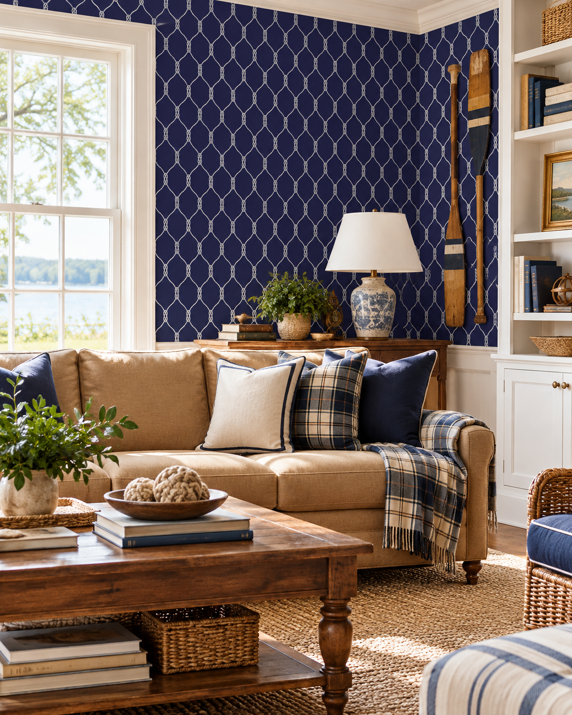 A styled living room featuring a prominent navy blue wall with a white geometric trellis pattern. The room is furnished with a beige leather sofa, navy and plaid accent pillows, a wooden coffee table, and a blue-and-white striped ottoman. Featuring a geometric nautical rope wallpaper design.