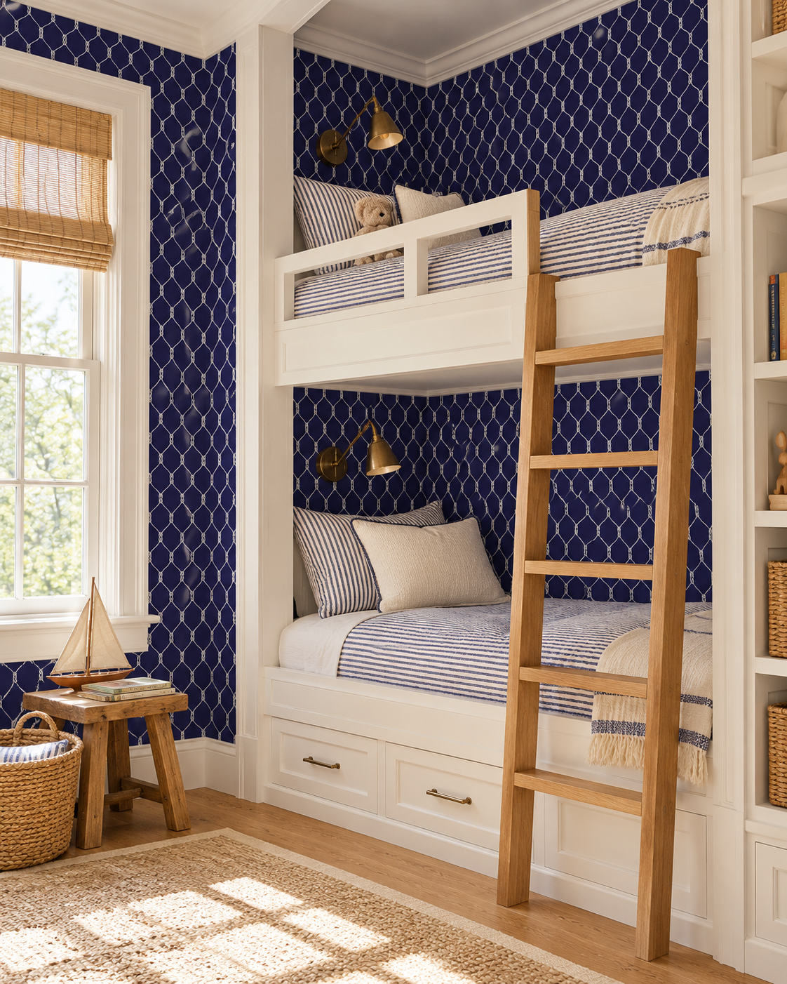 Featuring a geometric nautical rope wallpaper design in a coastal kids bunk room