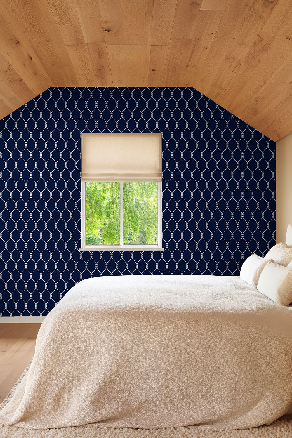Grasscloth wallpaper featuring a repeating geometric rope-knot pattern illustrated in twisted rope lines over a woven natural fiber surface in navy blue and white classic nautical wall covering perfect for lake house guest bedrooms