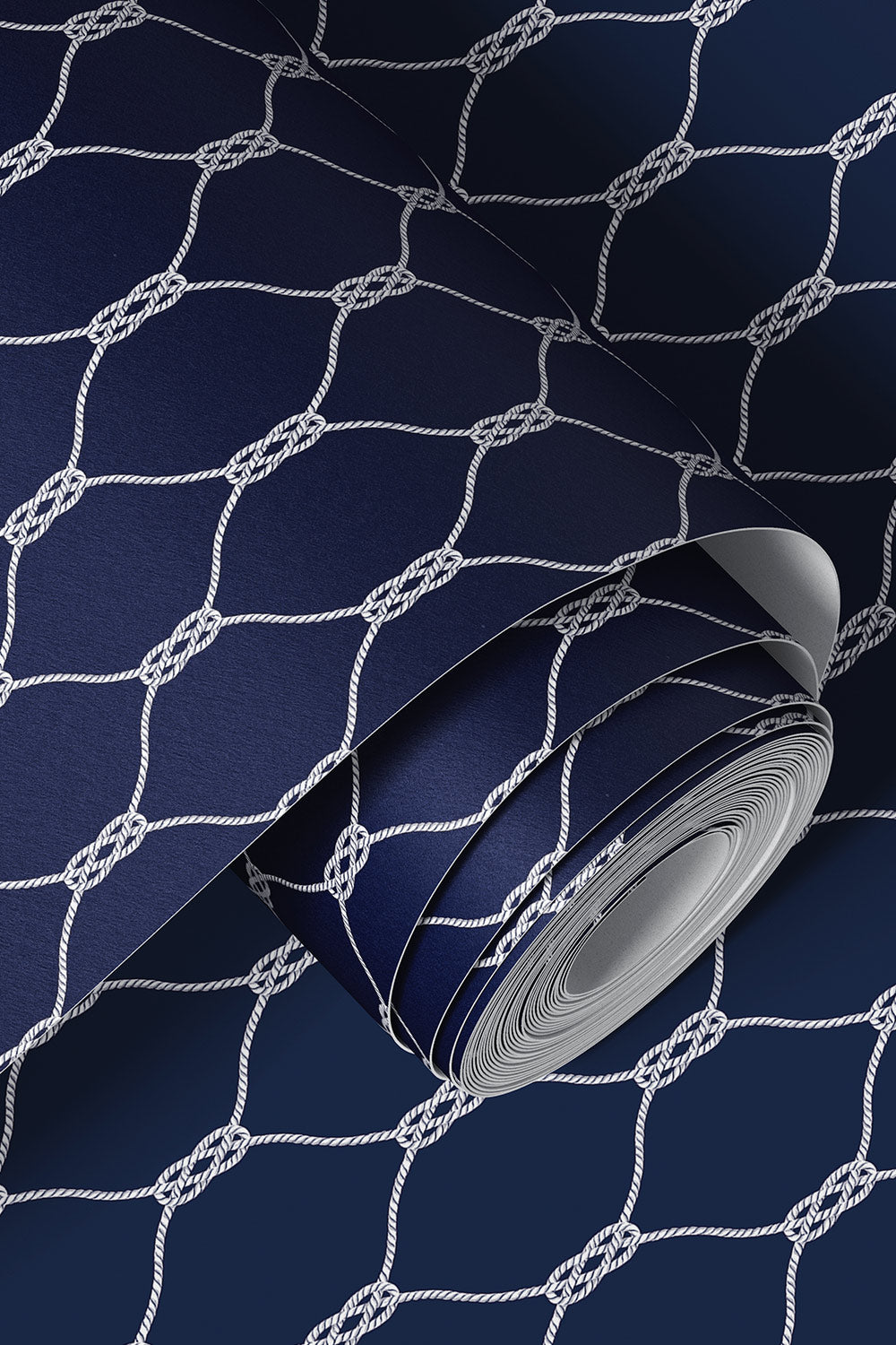 nautical knots vinyl wallpaper, washable wallpaper, commercial grade coastal wallpaper, rope geometric wallpaper, moisture resistant wallpaper, durable nautical wallcovering, sailor knot wallpaper, beach house wallpaper classic navy and white wall covering
