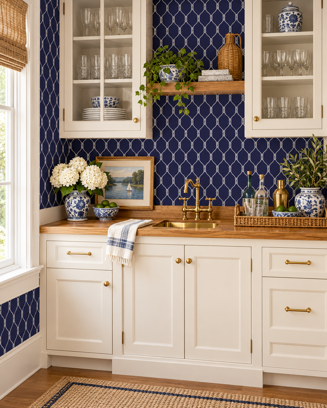 A styled kitchen corner with white cabinets, a wooden countertop, a brass faucet, and a bold navy blue geometric wallpaper pattern. Decorative blue-and-white porcelain vessels, glassware, plants, and framed art are arranged on the counter and shelf. Featuring a geometric nautical rope wallpaper design.