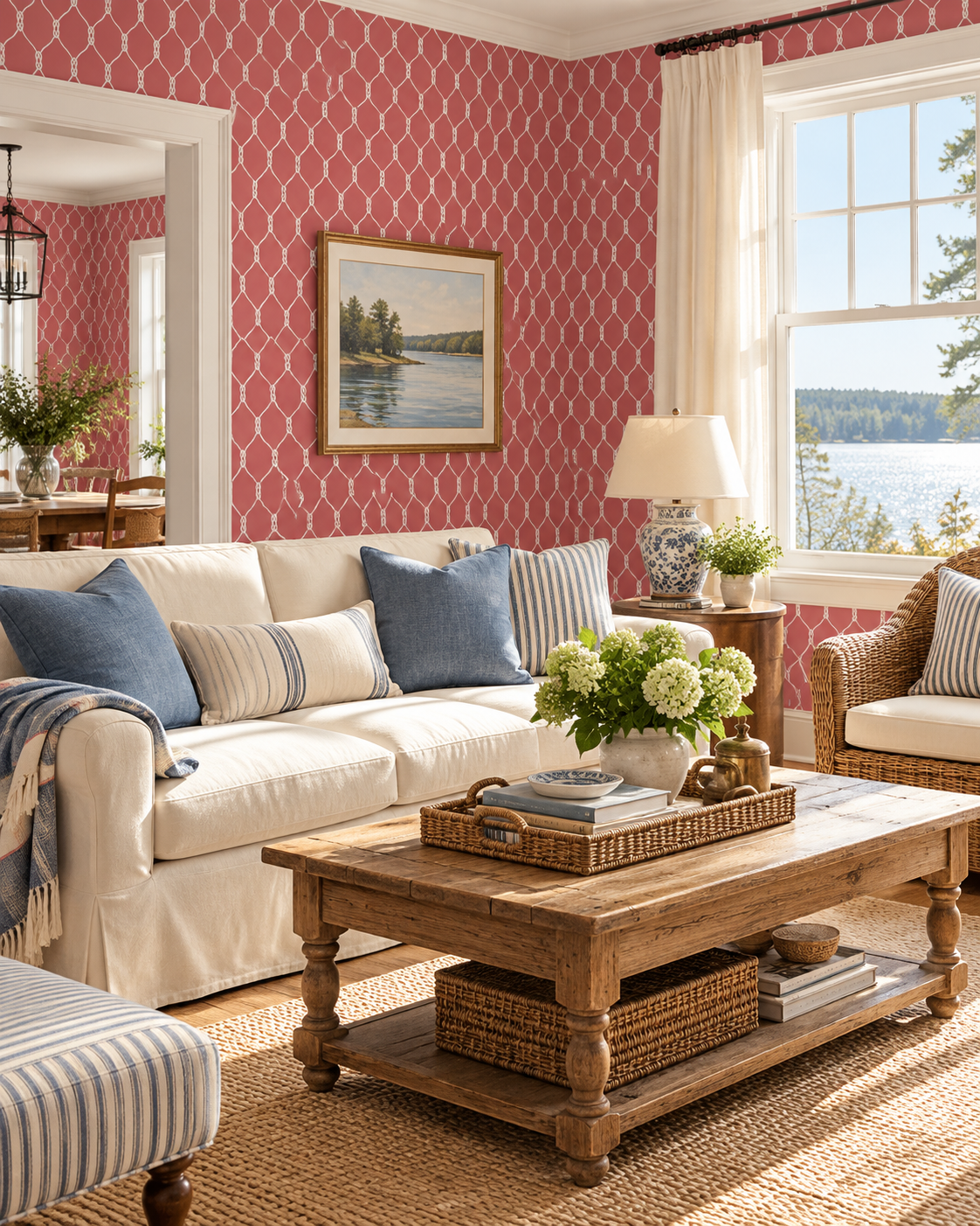A beautifully styled coastal living room featuring red patterned wallpaper, a cream slipcovered sofa with blue and striped pillows, a rustic wooden coffee table, and a window overlooking a scenic lake. Featuring a geometric nautical rope wallpaper design.