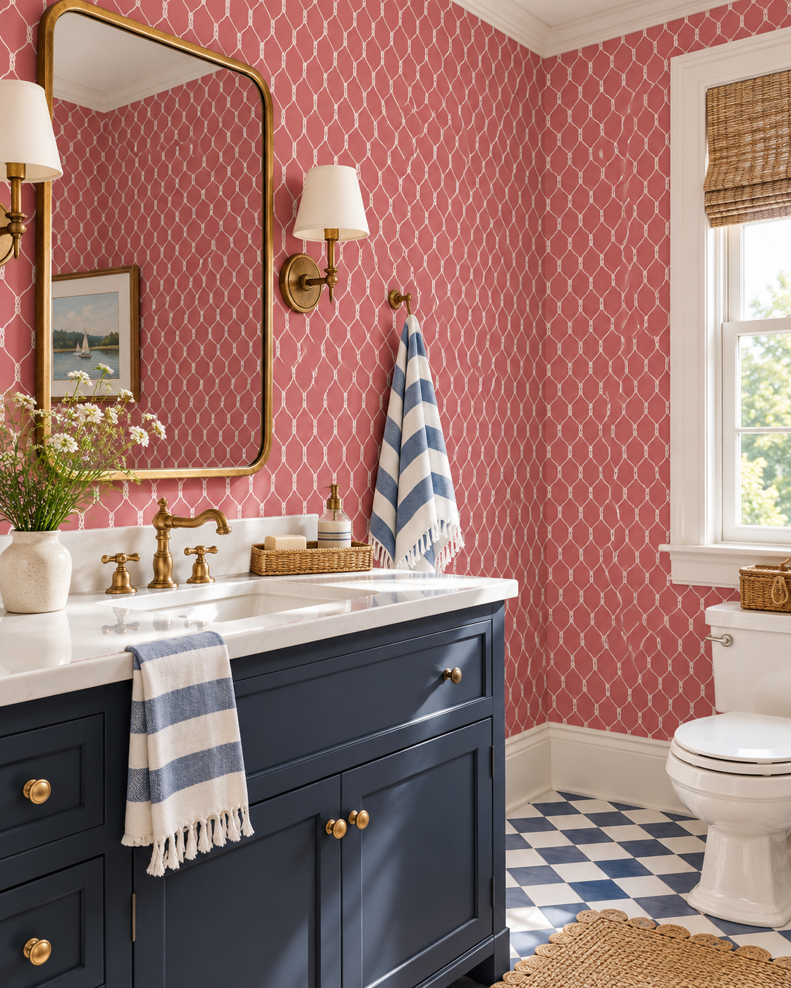 A styled bathroom interior featuring pink patterned wallpaper, a navy blue vanity with brass fixtures, a white toilet, and a blue-and-white striped towel. Featuring a geometric nautical rope wallpaper design.
