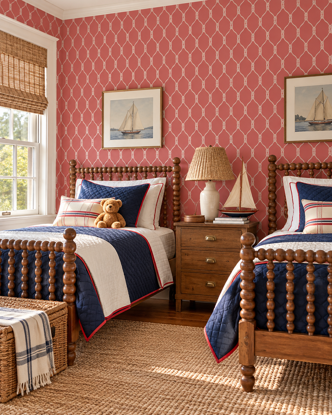 A styled children's bedroom featuring two wooden spindle beds with navy, white, and red striped bedding, set against a pink patterned wallpaper background with sailboat artwork. Featuring a geometric nautical rope wallpaper design.