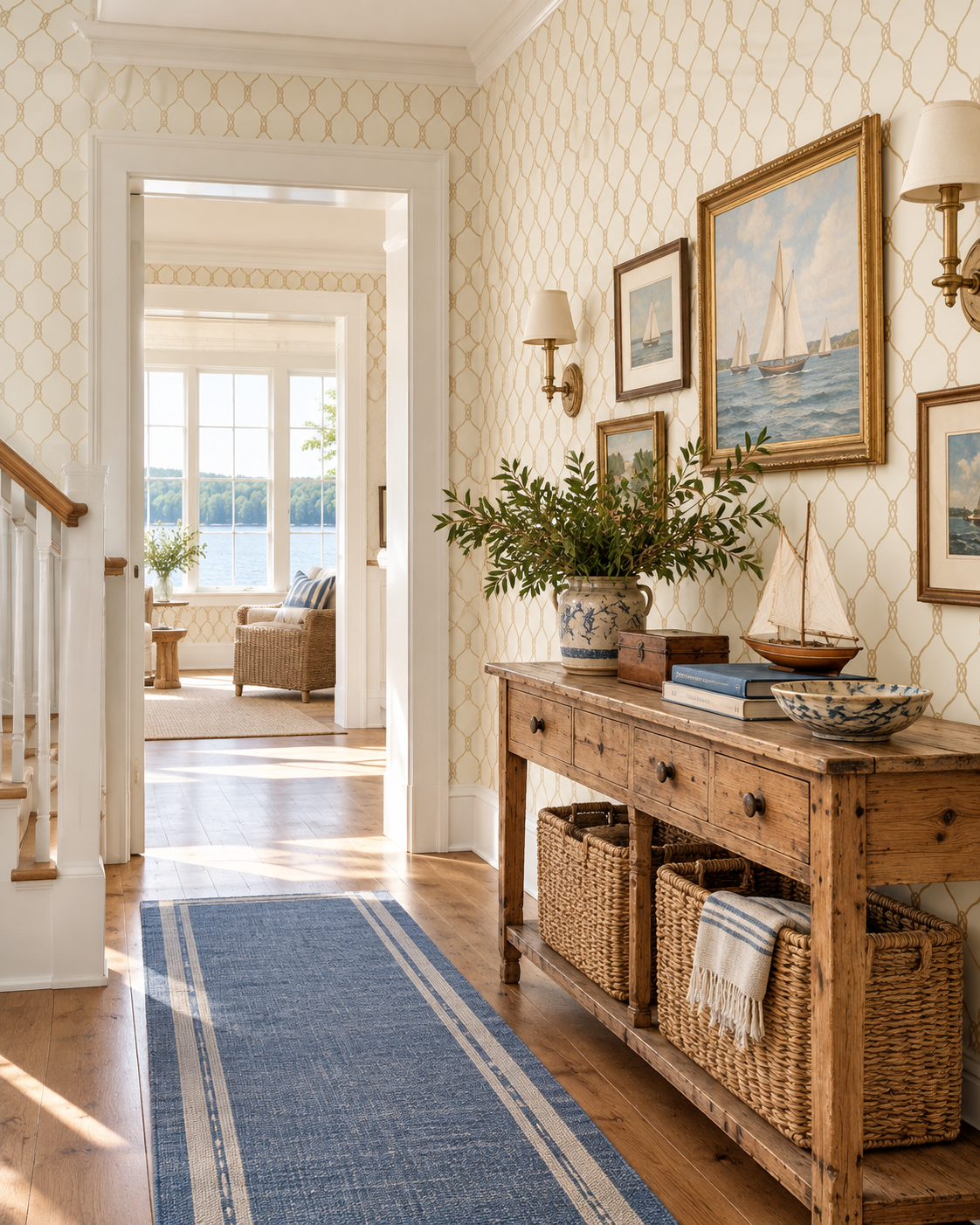A bright hallway with cream patterned wallpaper, a rustic wooden console table with woven baskets, framed sailboat artwork on the wall, and a blue striped runner rug on hardwood flooring. Featuring a geometric nautical rope wallpaper design.