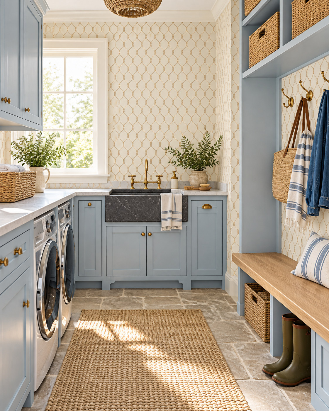 A bright, modern laundry room with light blue cabinets, a white patterned tile backsplash, a central farmhouse sink with a dark stone basin, a built-in wooden bench with storage baskets, and a woven jute rug on stone tile flooring. Featuring a geometric nautical rope wallpaper design.