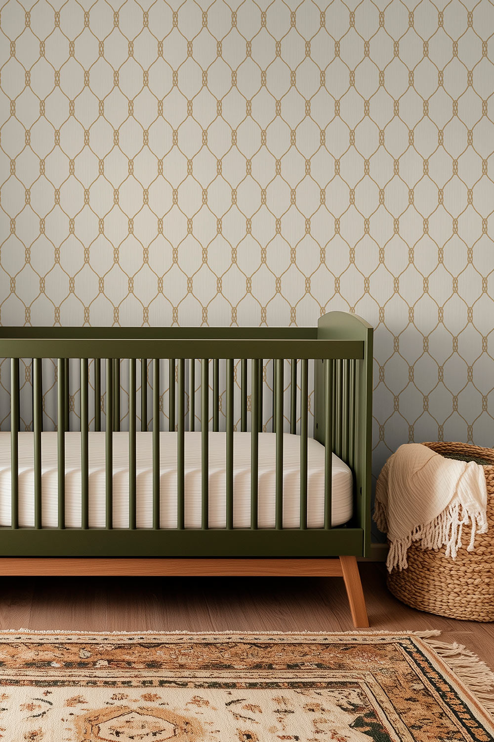 Matte wallpaper featuring a repeating twisted rope-knot geometric pattern on a smooth traditional paper surface on a neutral ground perfect for gender neutral nautical inspired baby nurseries