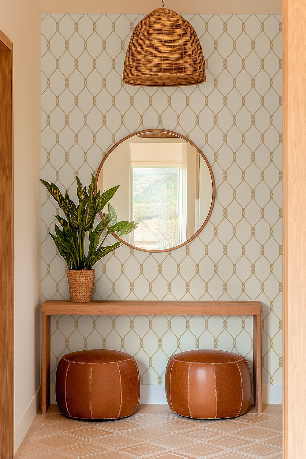 Performance vinyl wallpaper featuring a clean repeating rope-knot geometric pattern on a smooth, washable surface in neutral perfect for cozy cottage entryways