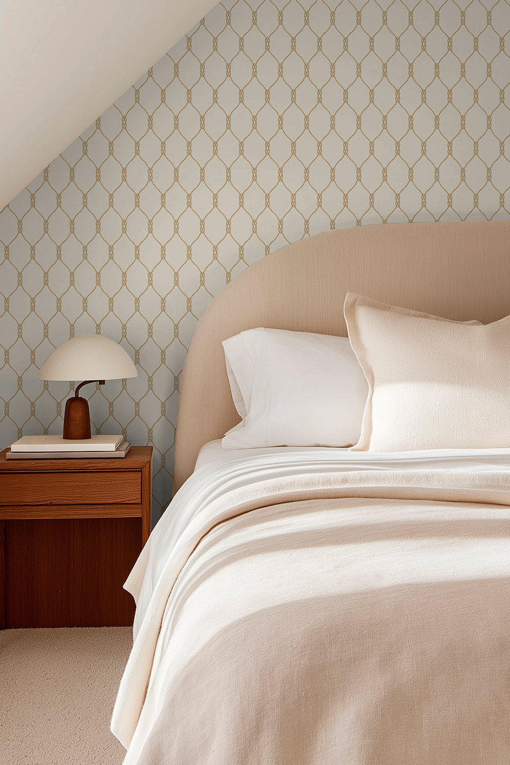 Grasscloth wallpaper featuring a repeating geometric rope-knot pattern illustrated in twisted rope lines over a woven natural fiber surface in neutrals perfect for cozy lake house guest cottages