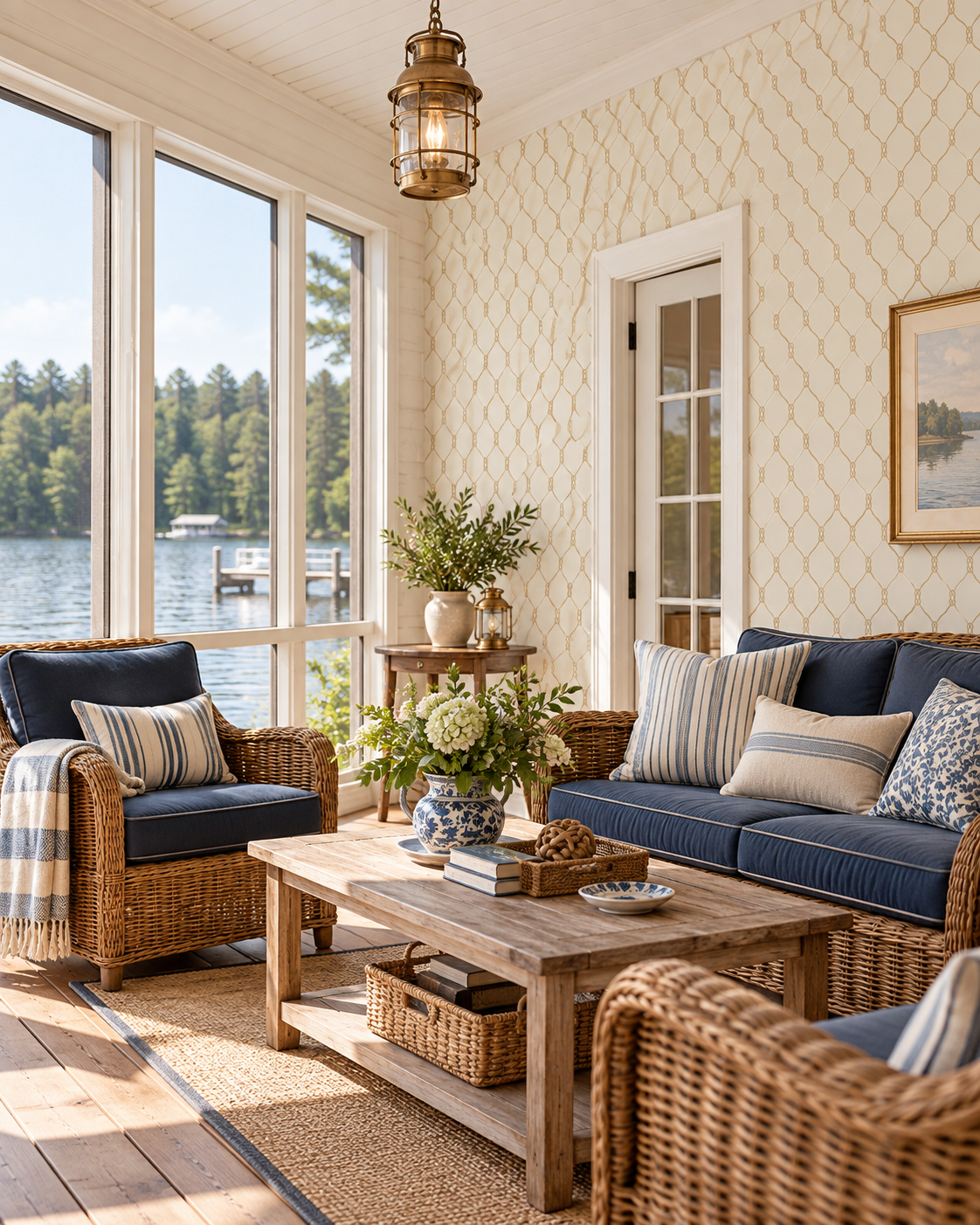 Screened in porch lakeside featuring a nautical themed decor, Featuring a geometric nautical rope wallpaper design.