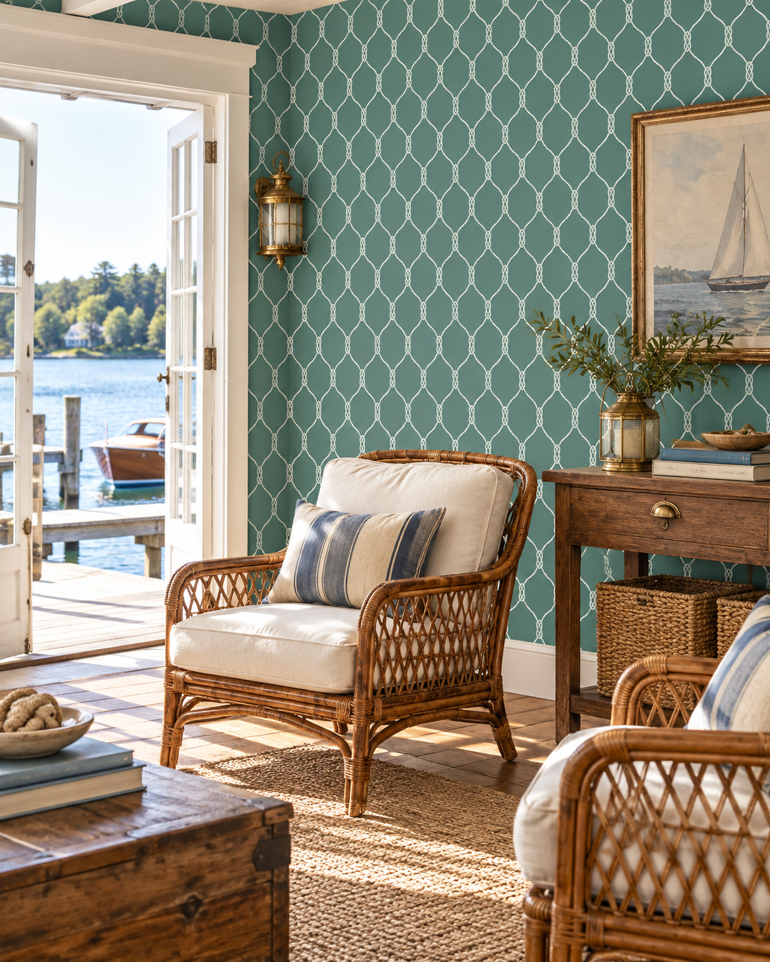 lakeside living room featuring a geometric nautical rope wallpaper design.