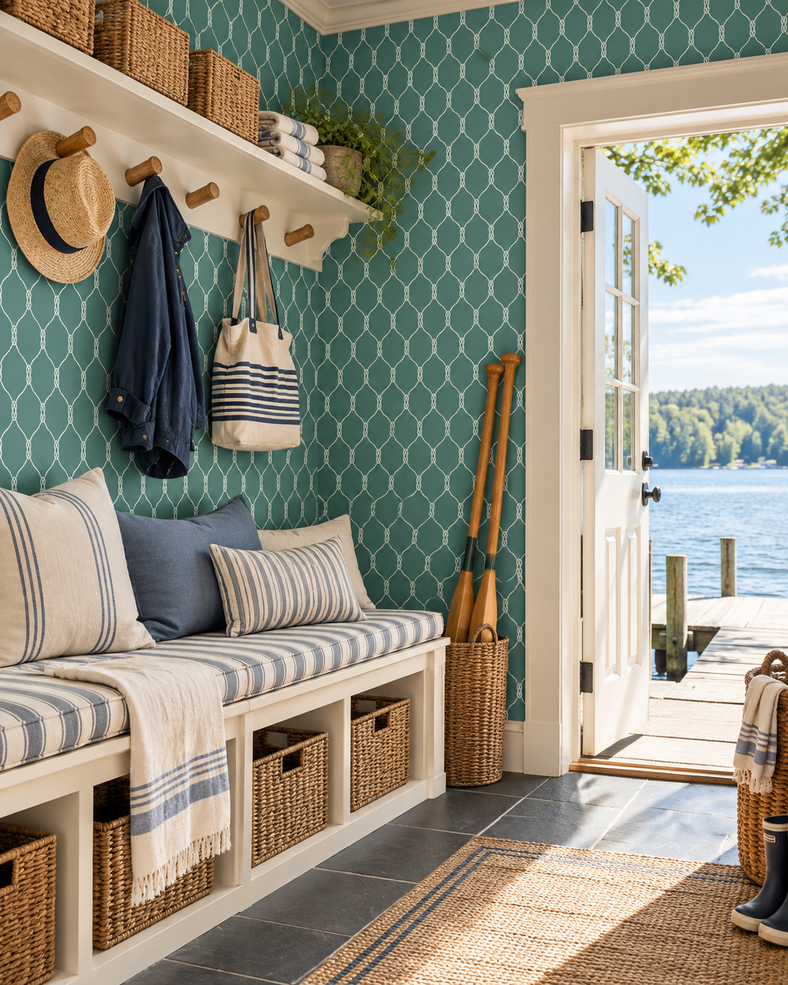 A styled entryway or dockside bench area with teal patterned wallpaper, white built-in seating with woven baskets underneath, striped pillows and throw blanket, hanging straw hat and tote bag, and an open door revealing a lake view. Featuring a geometric nautical rope wallpaper design.
