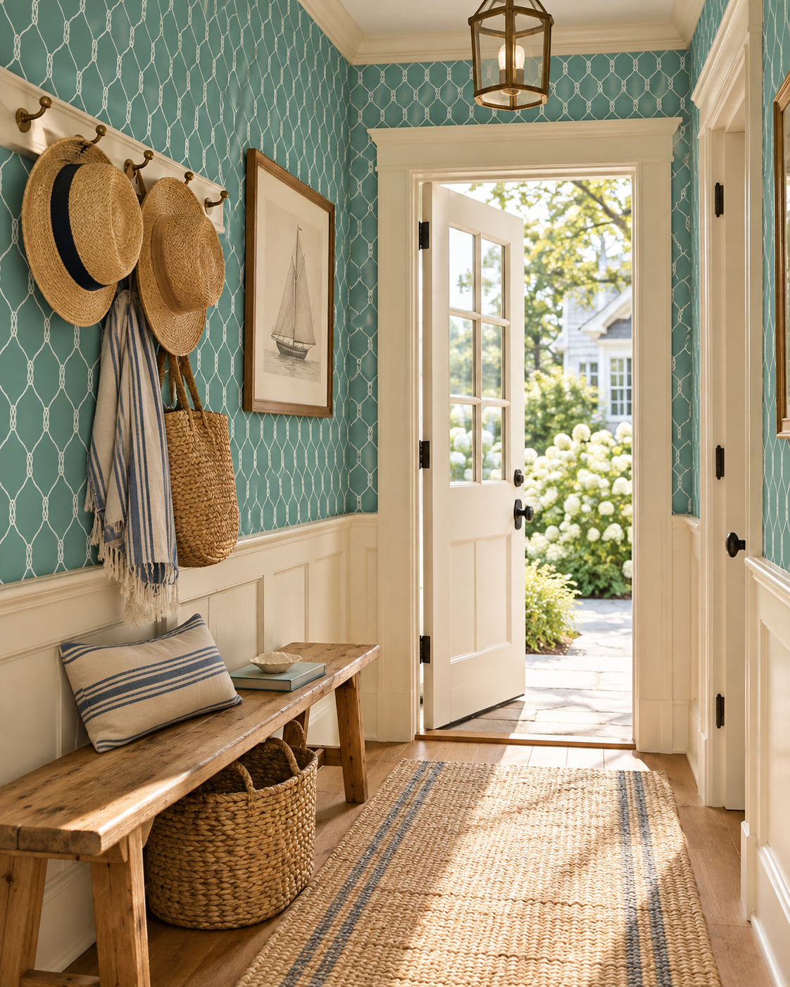 A bright entryway with teal patterned wallpaper, white wainscoting, a wooden bench with a striped pillow and woven basket, hanging straw hats and a tote bag, and an open white door leading outside to greenery. Featuring a geometric nautical rope wallpaper design.