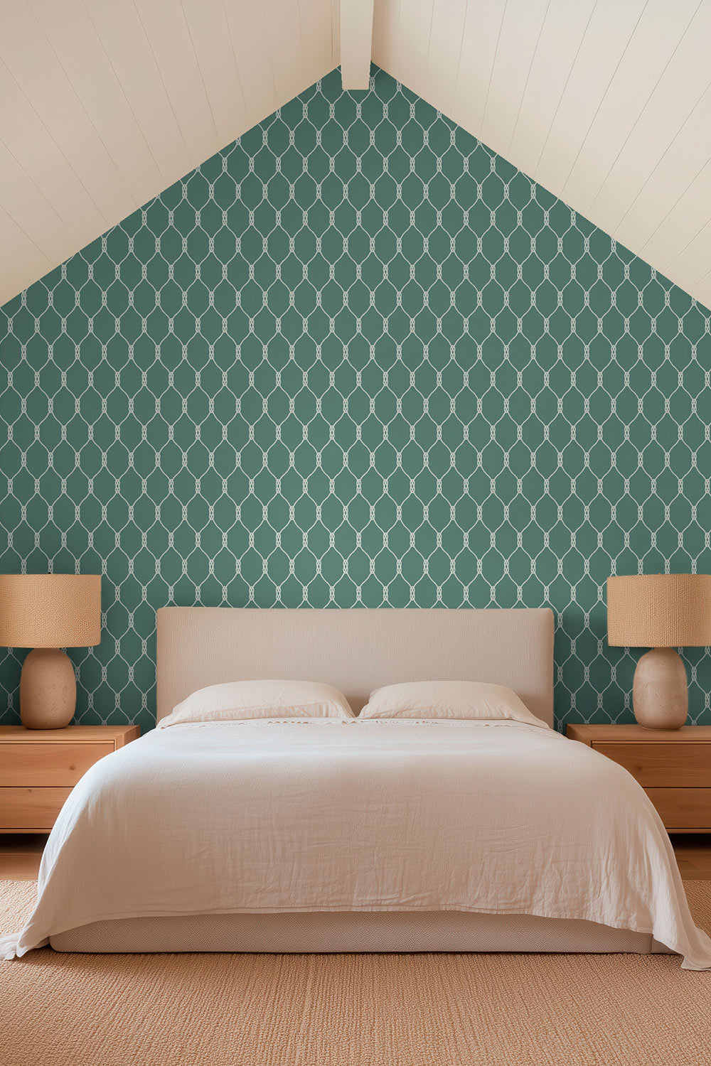 Matte wallpaper featuring a repeating twisted rope-knot geometric pattern on a smooth traditional paper surface on nautical green and white for coastal master bedrooms