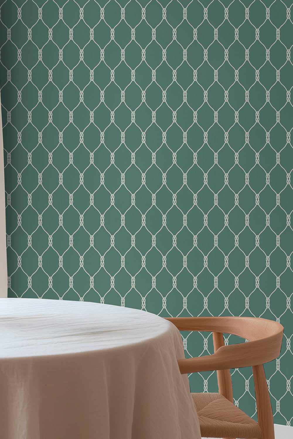 Performance vinyl wallpaper featuring a clean repeating rope-knot geometric pattern on a textured, washable surface in preppy green perfect for wet bars, kitchens and dining rooms