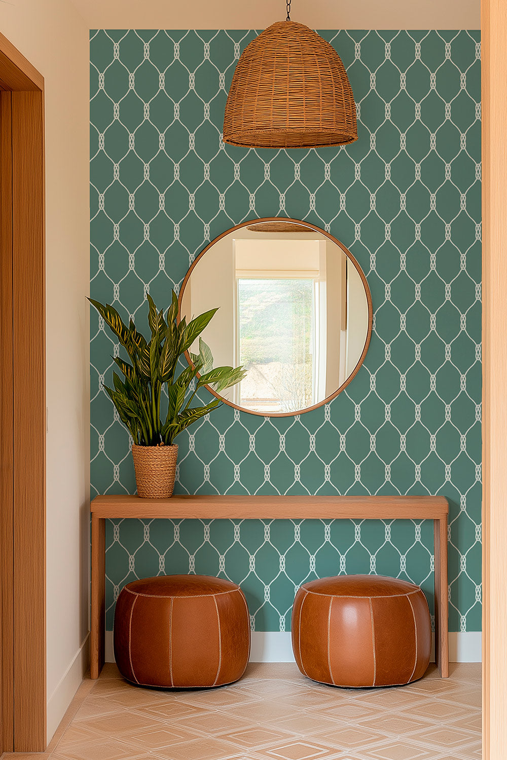 Grasscloth wallpaper featuring a repeating geometric rope-knot pattern illustrated in twisted rope lines over a woven natural fiber surface in classic maritime green perfect for lake house entrances